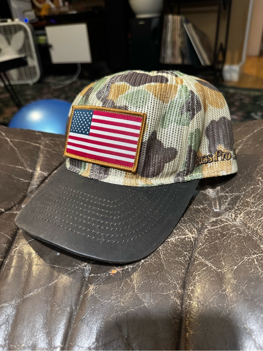 Camo Mesh Trucker Hat with American Flag Patch bass pro shop